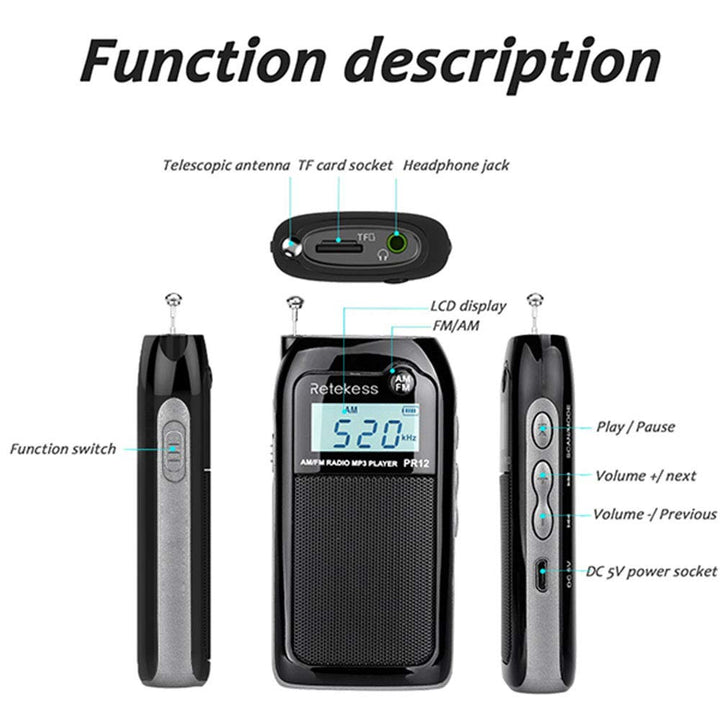 Retekess PR12 Digital Radio, Pocket Radio AM FM, Mini R