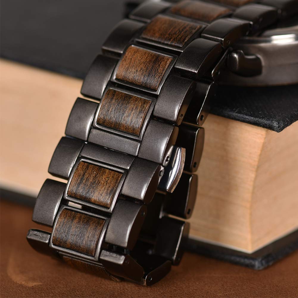 Mens Wooden Watches Business Casual Wristwatches Stylish Ebony Wood &amp; Stainless Steel Combined Chronograph with Wooden Box (Grey)