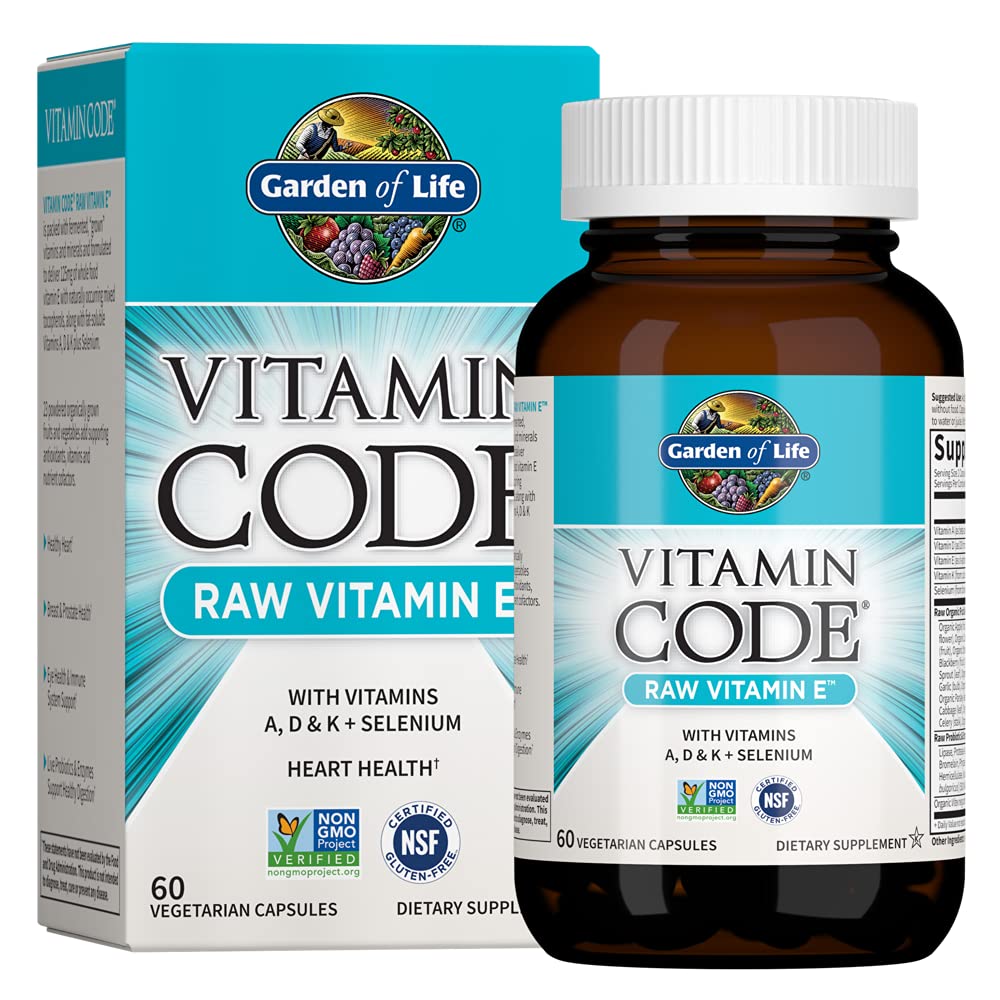 Vitamin E - Vitamin Code Raw Vitamin E Supplement with Vitamins A, D &amp; K Plus Selenium, Fruit, Veggies &amp; Probiotics, 60 Vegetarian Capsules, 125mg Whole Food Vitamin E for Heart Health