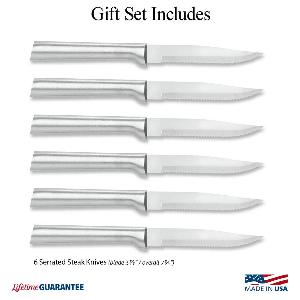 Rada Cutlery Serrated Steak Knife Set - Stainless Steel Knives with Aluminum Handles, Set of 6