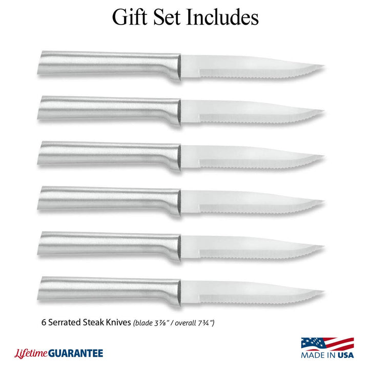Rada Cutlery Serrated Steak Knife Set - Stainless Steel Knives with Aluminum Handles, Set of 6