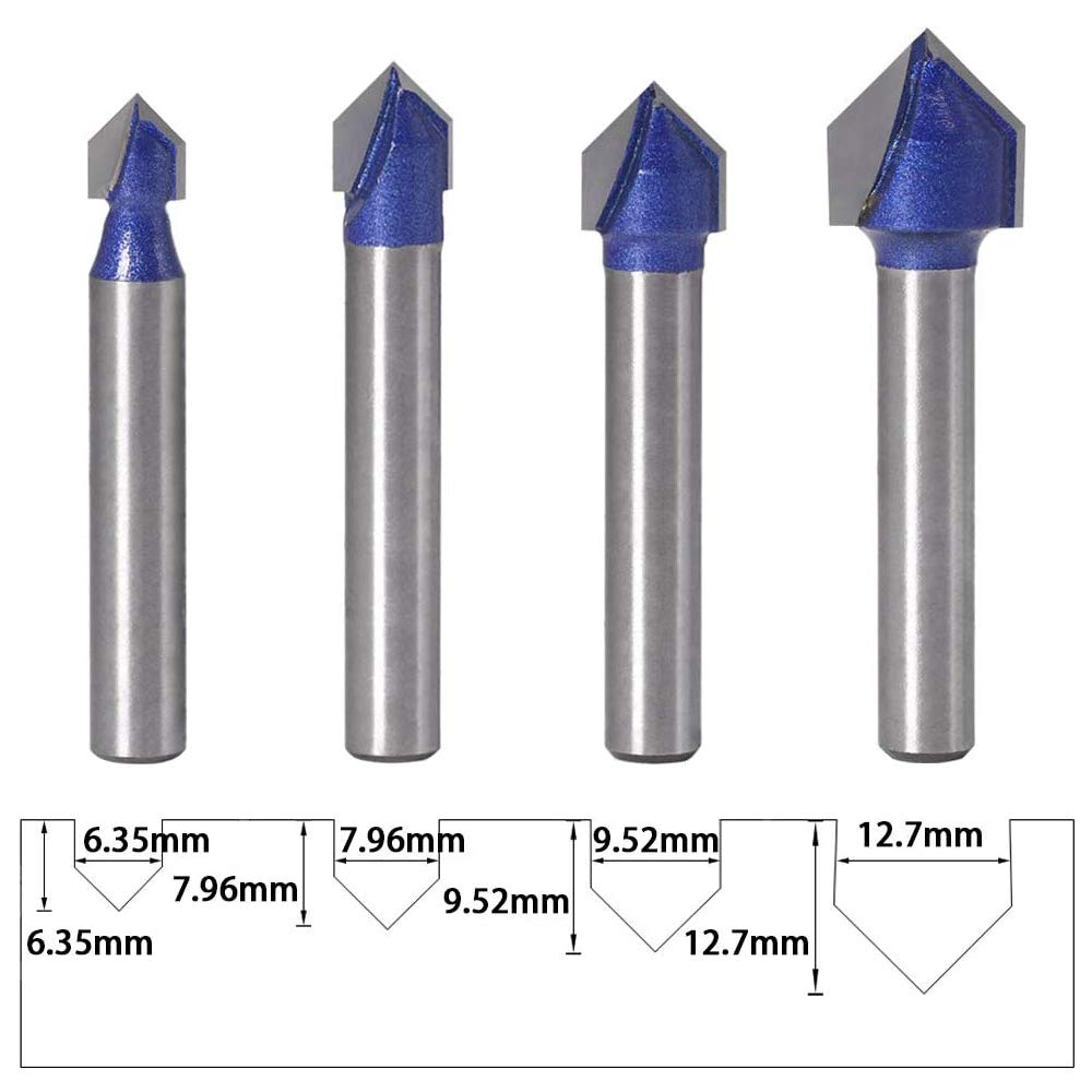 4pcs 90 Degree V Groove Router Bit Set Carbide 1/4 Inch Shank V Cut Router Bit Set V Grooving Bit