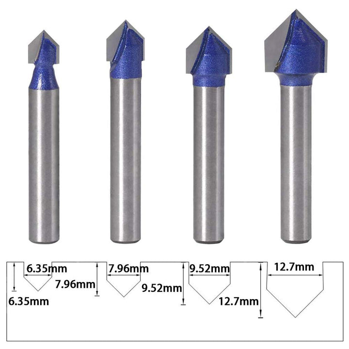 4pcs 90 Degree V Groove Router Bit Set Carbide 1/4 Inch Shank V Cut Router Bit Set V Grooving Bit