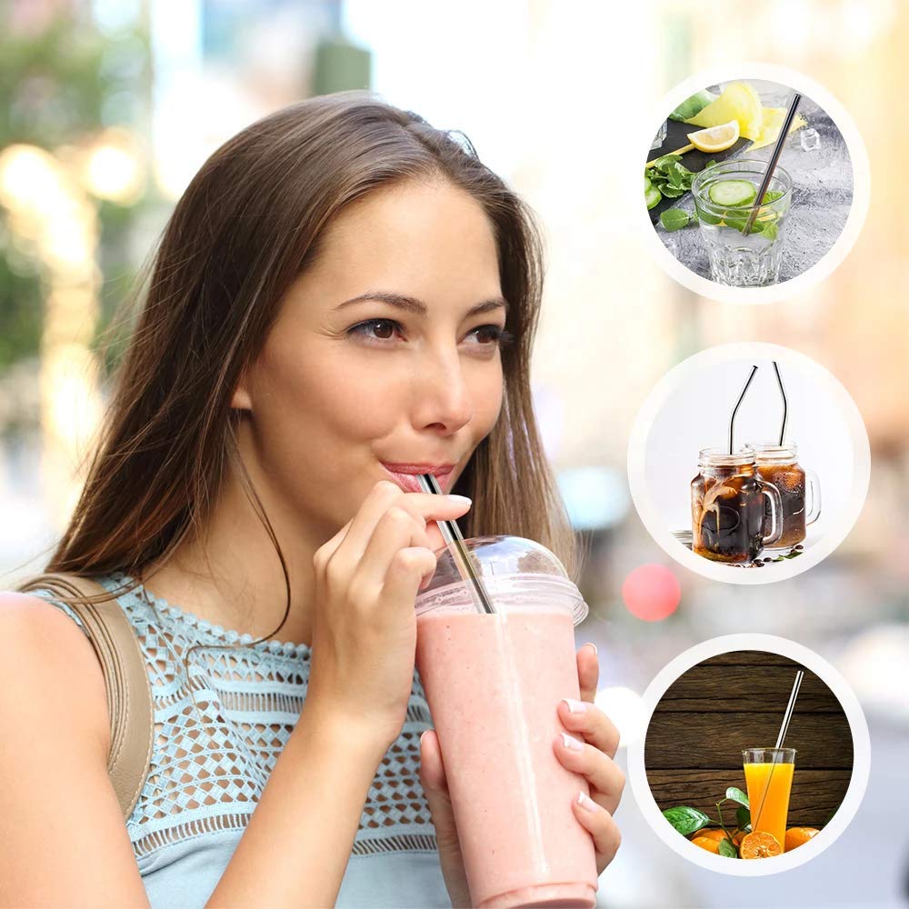 LuxBlingz Stainless Steel Reusable Metal Drinking Straws - 5PC 10.5inches Long .31 inches Thick Straw Set W/Cleaning brush, for 16-30 oz (2Straight/ 2Bent/1Brush)