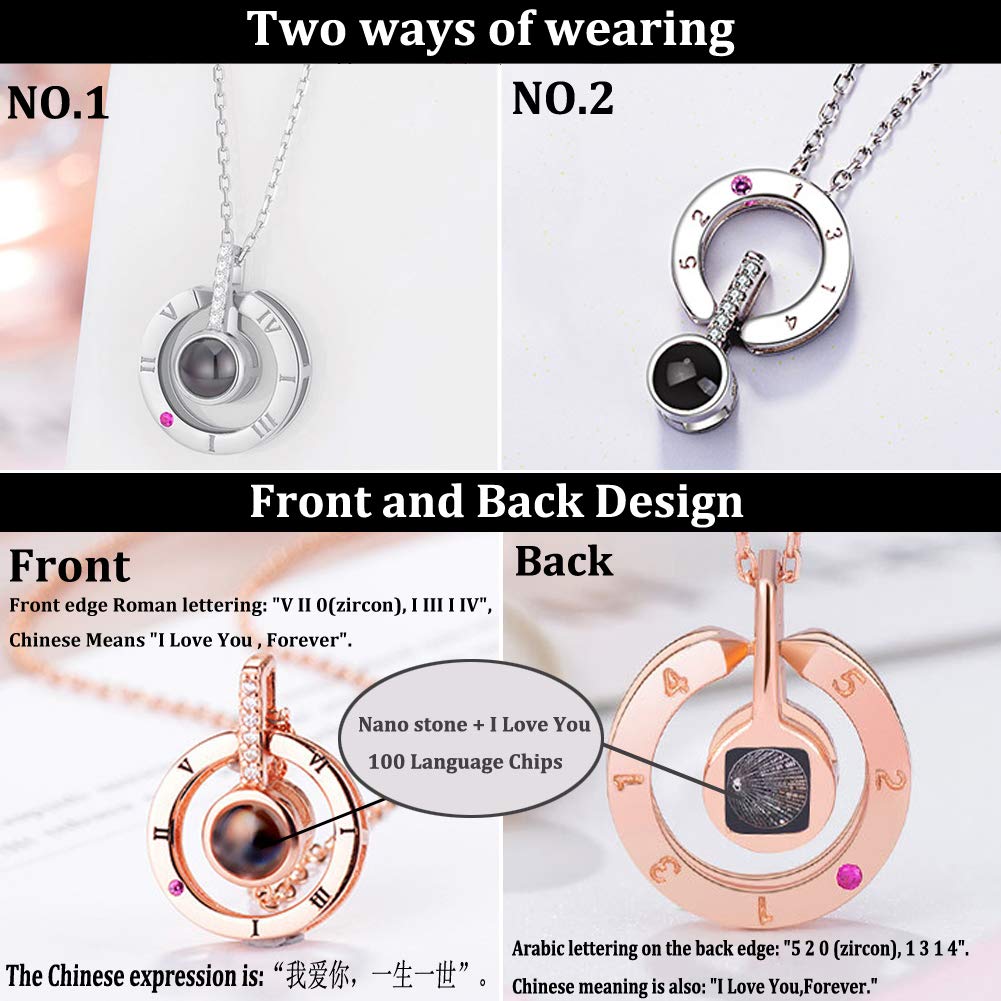I Love You Necklace for friend Her Mom in 100 Languages Silver with Box Projection Memory Pendant Necklace in Different Ways to Say I Love U Birthday Gift for Women