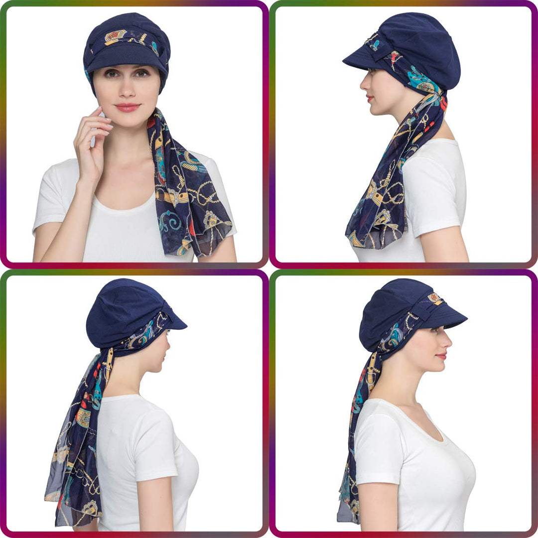 Chemo Hats for Women Bamboo Cotton Lined Newsboy Caps with Scarf Double Loop Headwear for Cancer Hair Loss Navy Blue