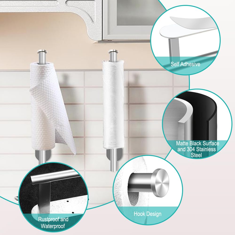 Paper Towel Holder Wall Mount, Self Adhesive Or Drilling Under Cabinet Kitchen, 13.2 inch Stainless Steel Paper Towel Roll Rack, Towel Roll Hanger for Bathroom(Silver, Rectangle)