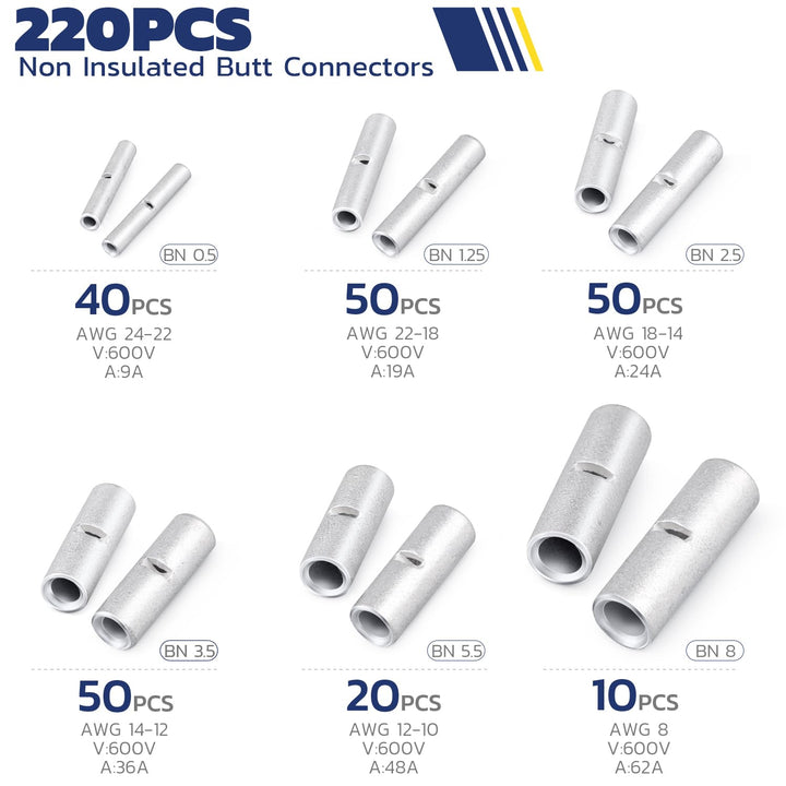 Haisstronica Non Insulated Butt Connectors Kit 220pcs Butt Connectors for Wiring Pure Copper AWG24-8 Wire Crimp Connector