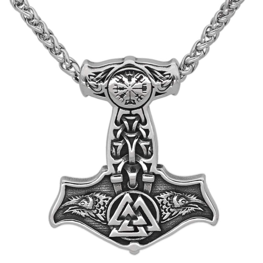 Nordic Viking Stainless Steel Thor Mjolnir Odin Raven Valknut Vegvisir Pendant Necklace with Valknut Gift Bag
