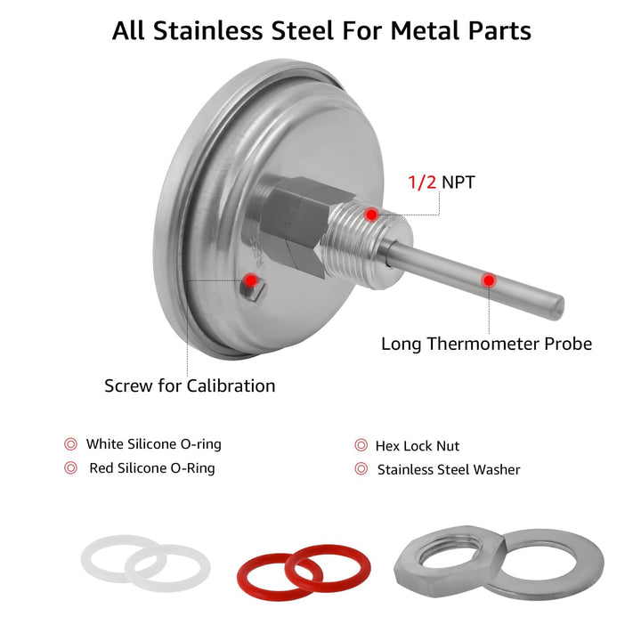 3 Dial 2 Probe FERRODAY 1/2 NPT Stainless Steel Thermometer Dial Thermometer 1/2 NPT Homebrew Kettle Thermometer Weldless w/O-Rings 0-220ºF Kettle Thermometer Stainless Steel Brew Pot Thermometer