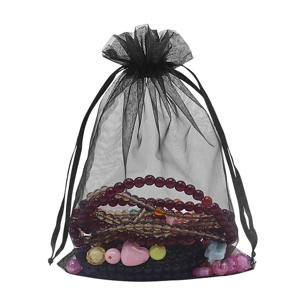 Black Organza Bags 5x7 inch 100pcs, Mesh Candy Bags Jewelry Pouches Drawstring Empty Sachet for Present Wedding Giveaways