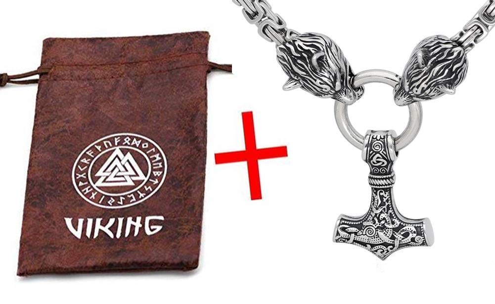 Men Stainless Steel Wolf Head Norse Viking Amulet Thor Mjolnir Necklace King Chain with Valknut Gift Bag (23 INCH)