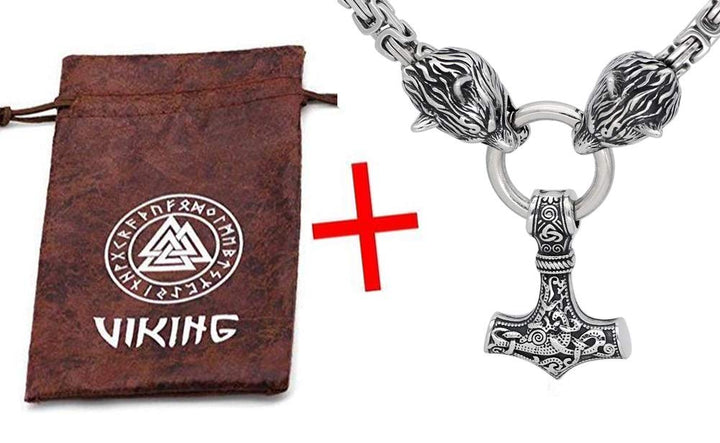 Men Stainless Steel Wolf Head Norse Viking Amulet Thor Mjolnir Necklace King Chain with Valknut Gift Bag (23 INCH)