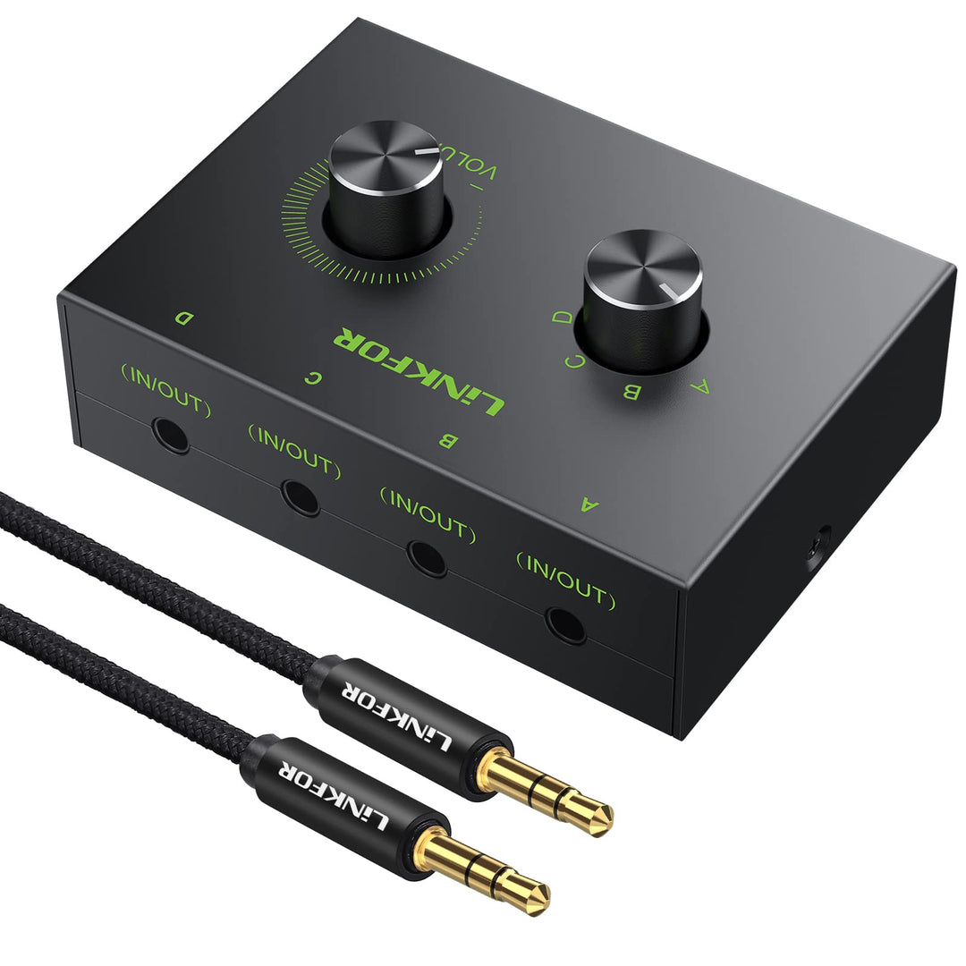 4 Port 3.5mm Stereo Audio Switch, 4 Way Stereo Audio Selector, 4 Input 1 Output / 1 Input 4 Output Audio Splitter with Volume Control and 4 Channel Switch Knob