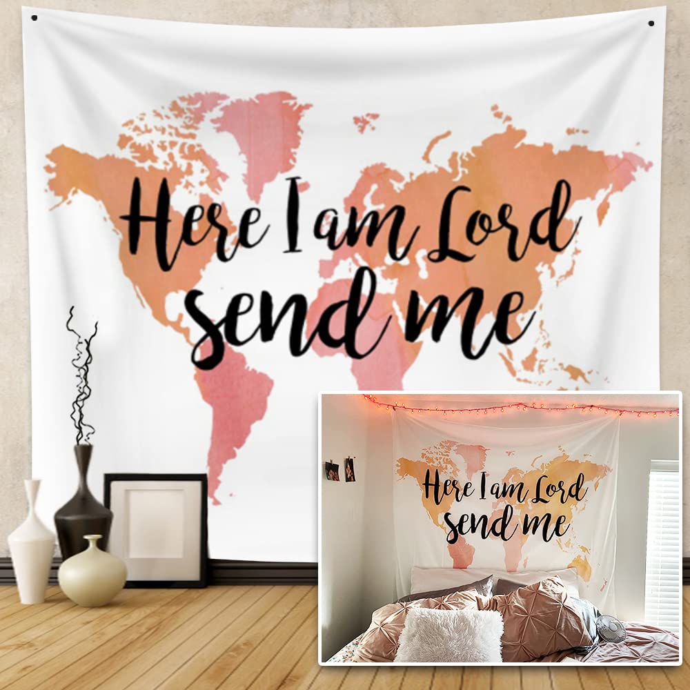 World Map Tapestry Wall Hanging Bible Verse Here I Am Lord Send Me Christian Psalm Quote Tapestries for Bedroom Living Room Dorm Decoration 59.1 Wx 39.4 H Inches