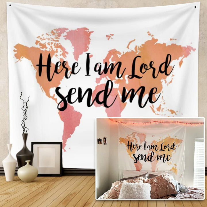 World Map Tapestry Wall Hanging Bible Verse Here I Am Lord Send Me Christian Psalm Quote Tapestries for Bedroom Living Room Dorm Decoration 59.1 Wx 39.4 H Inches