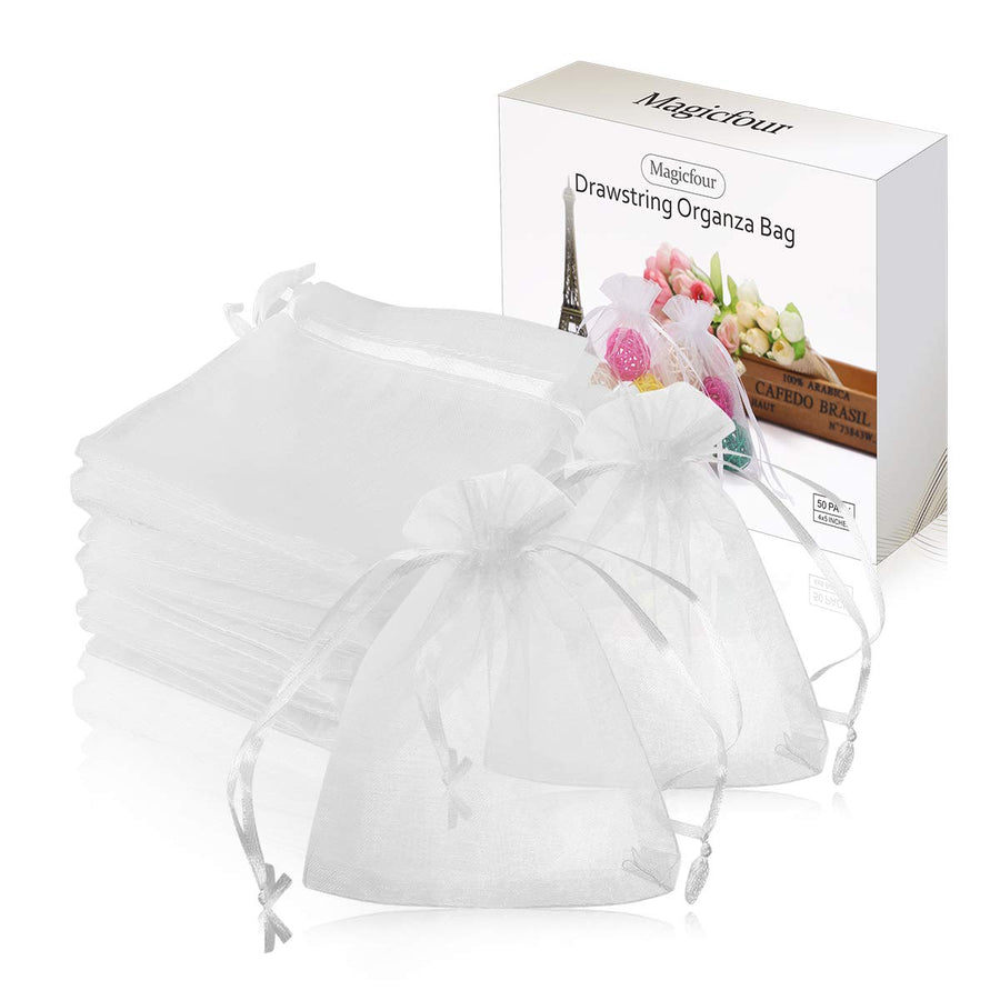 50 Pack 4x5 inches White Organza Bag,Drawstring Gift Po