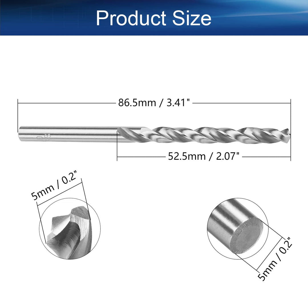 5pcs Twist Drill Bit, 5mm HSS-6542 Straight Shank Drill Bit- 135° Tip, for Metal, Steel, Wood, Plastic, Copper, Aluminum Alloy, Stainless Steel Silver