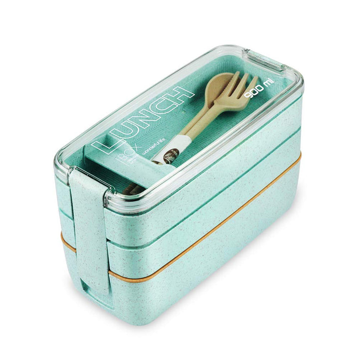 Bento Box Lunch Box, 3-In-1 Compartment Lunch Containers - Wheat Straw, Leakproof Stackable Bento Lunch Box for Meal Prep