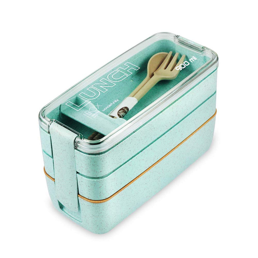 Bento Box Lunch Box, 3-In-1 Compartment Lunch Containers - Wheat Straw, Leakproof Stackable Bento Lunch Box for Meal Prep