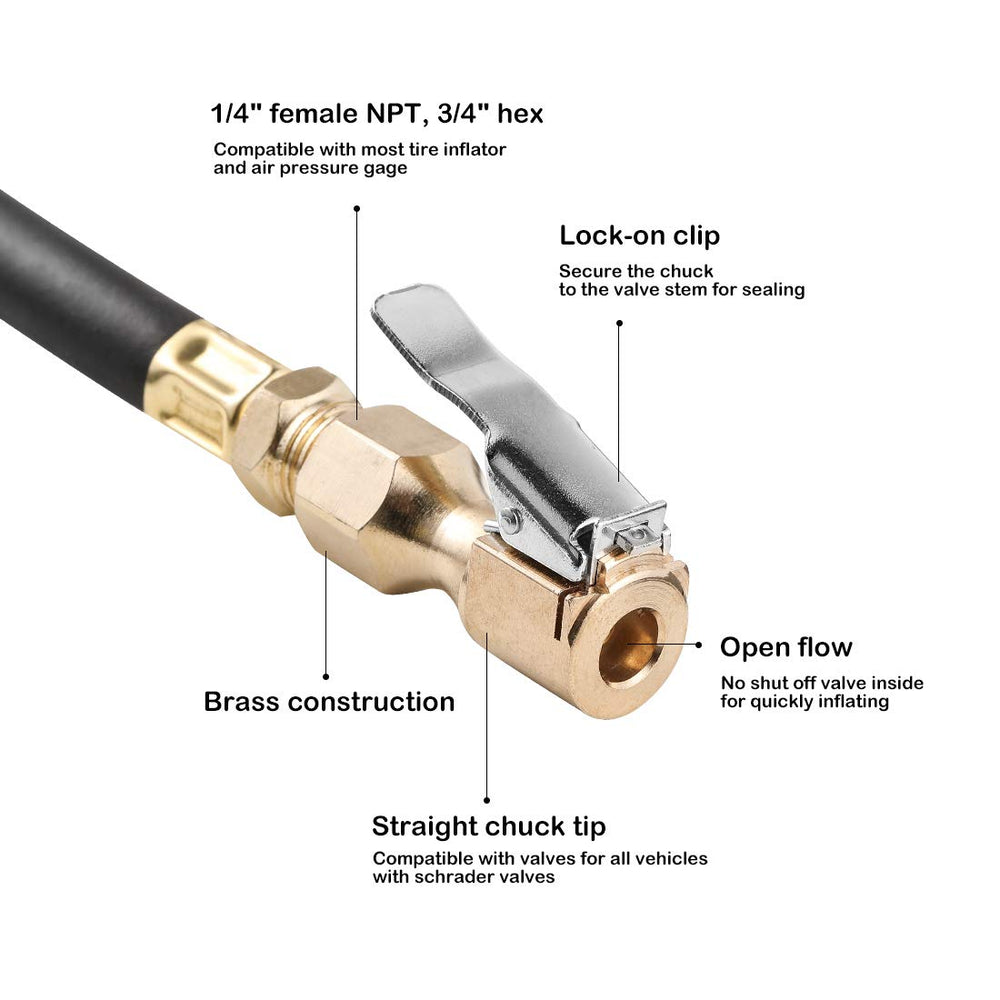 Heavy Duty Brass Air Chuck, Open Flow Straight Tire Chuck with Lock-on Clip, 1/4 FNPT Tyre Chuck for Tire Inflator Pressure Gauge Air Pump Compressor Accessories, 2 Pack
