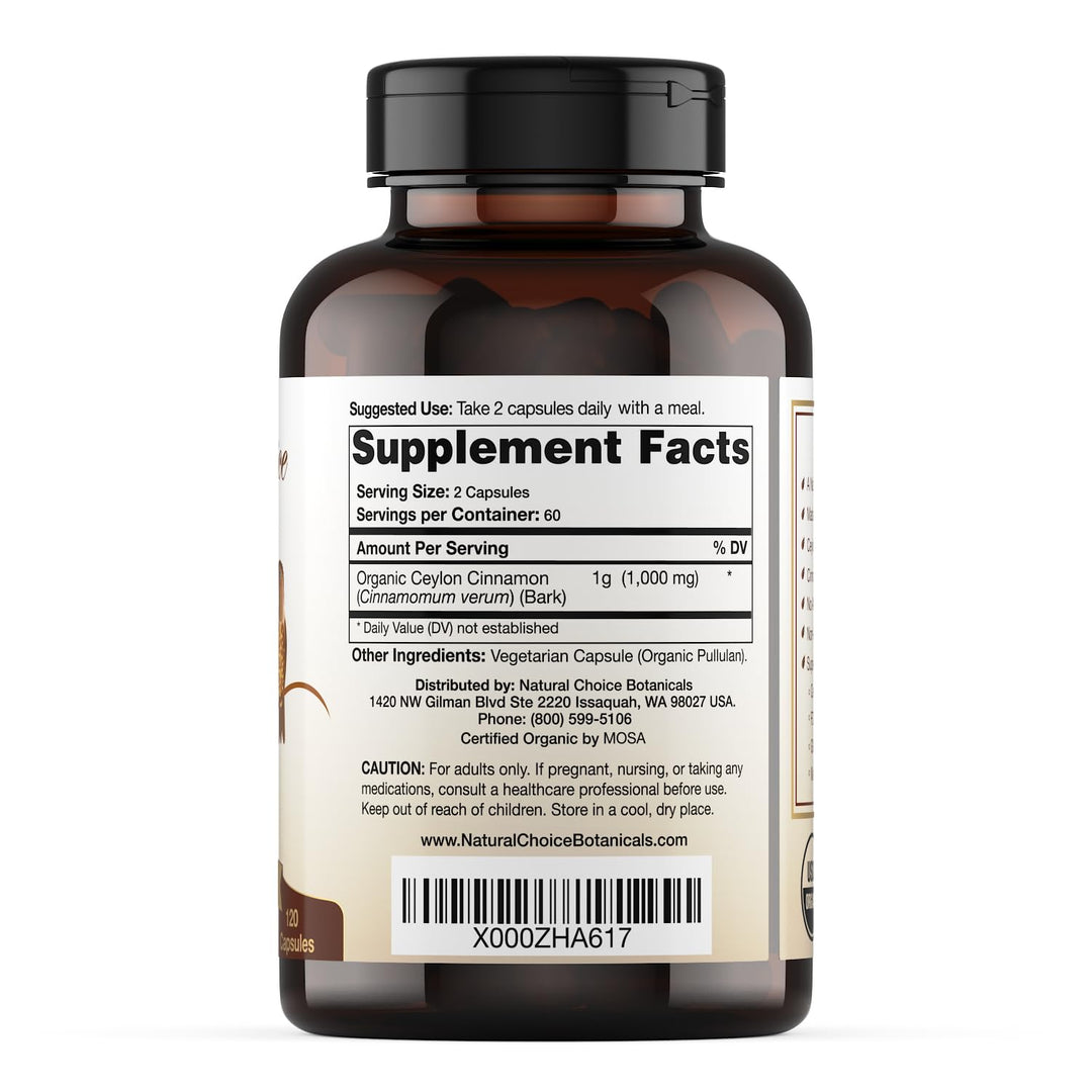 USDA Certified Organic Ceylon Cinnamon Capsules, Non-GMO Verified Supplement - 120 Capsules, 2 Month Supply