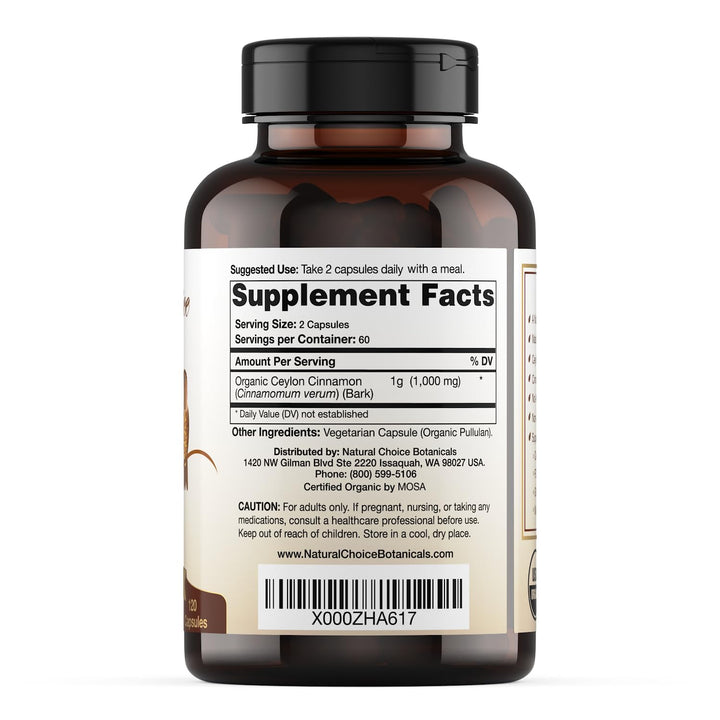 USDA Certified Organic Ceylon Cinnamon Capsules, Non-GMO Verified Supplement - 120 Capsules, 2 Month Supply