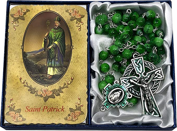Catholic St Patrick Green Glass Marble Bead Rosary Gift Set