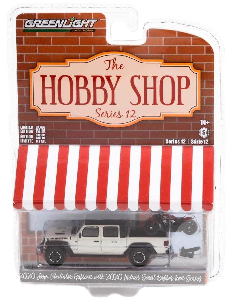 Greenlight 97120-F The Hobby Shop Series 12 - 2020 Gladiator Rubicon with 2020 Icon Scout Motorcycle 1:64 Scale Diecast