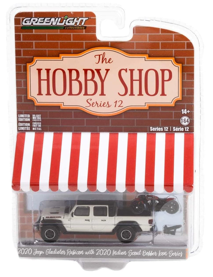 Greenlight 97120-F The Hobby Shop Series 12 - 2020 Gladiator Rubicon with 2020 Icon Scout Motorcycle 1:64 Scale Diecast
