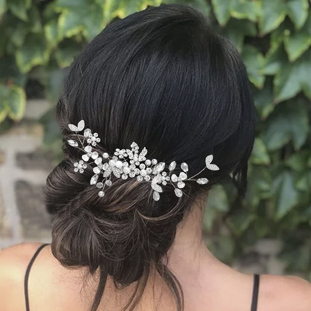 Bride Wedding Leaf Hair Combs Delicate Crystal Bridal Headpieces Flower Hair Accessories for Women and Girls (Silver)