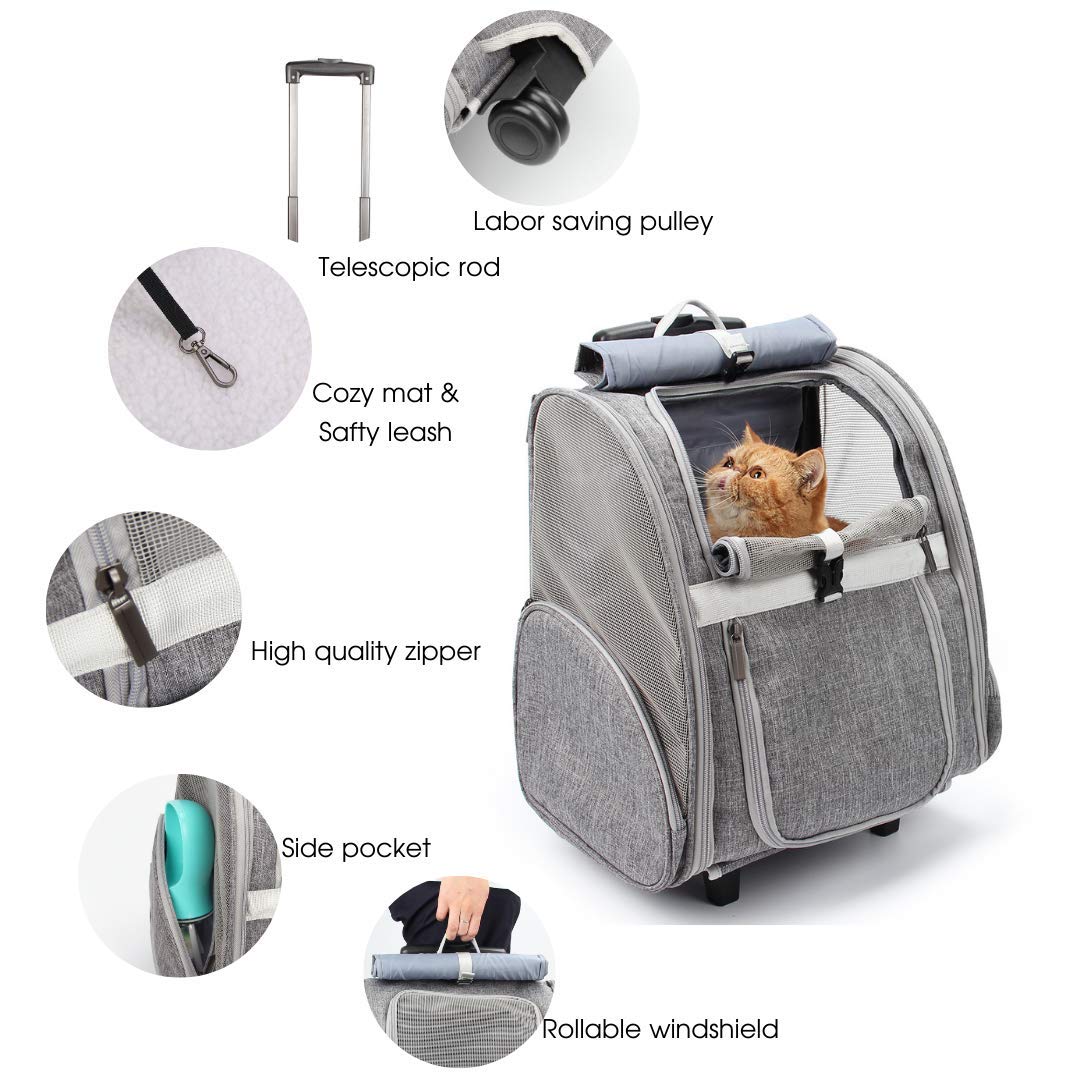 Lollimeow Pet Rolling Carrier, Dog Backpack with Wheels,Cats,Puppies Travel Bag with Wheels,Dog Trolley(Grey)