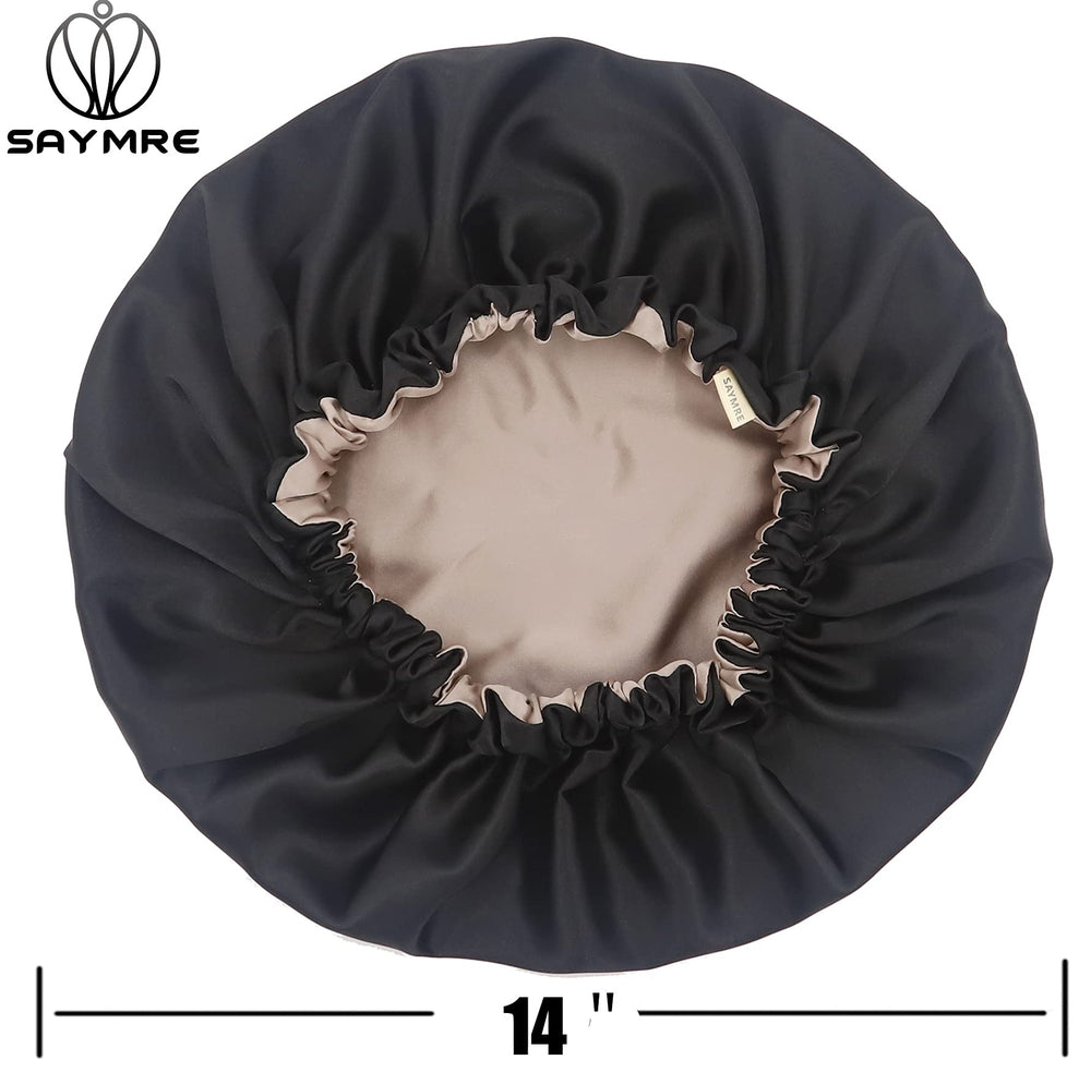 100% Mulberry Silk Lined Bonnet Adjustable Satin Sleep Cap 19 Momme Silk Bonnet for Women Curly,Long Hair Care Black
