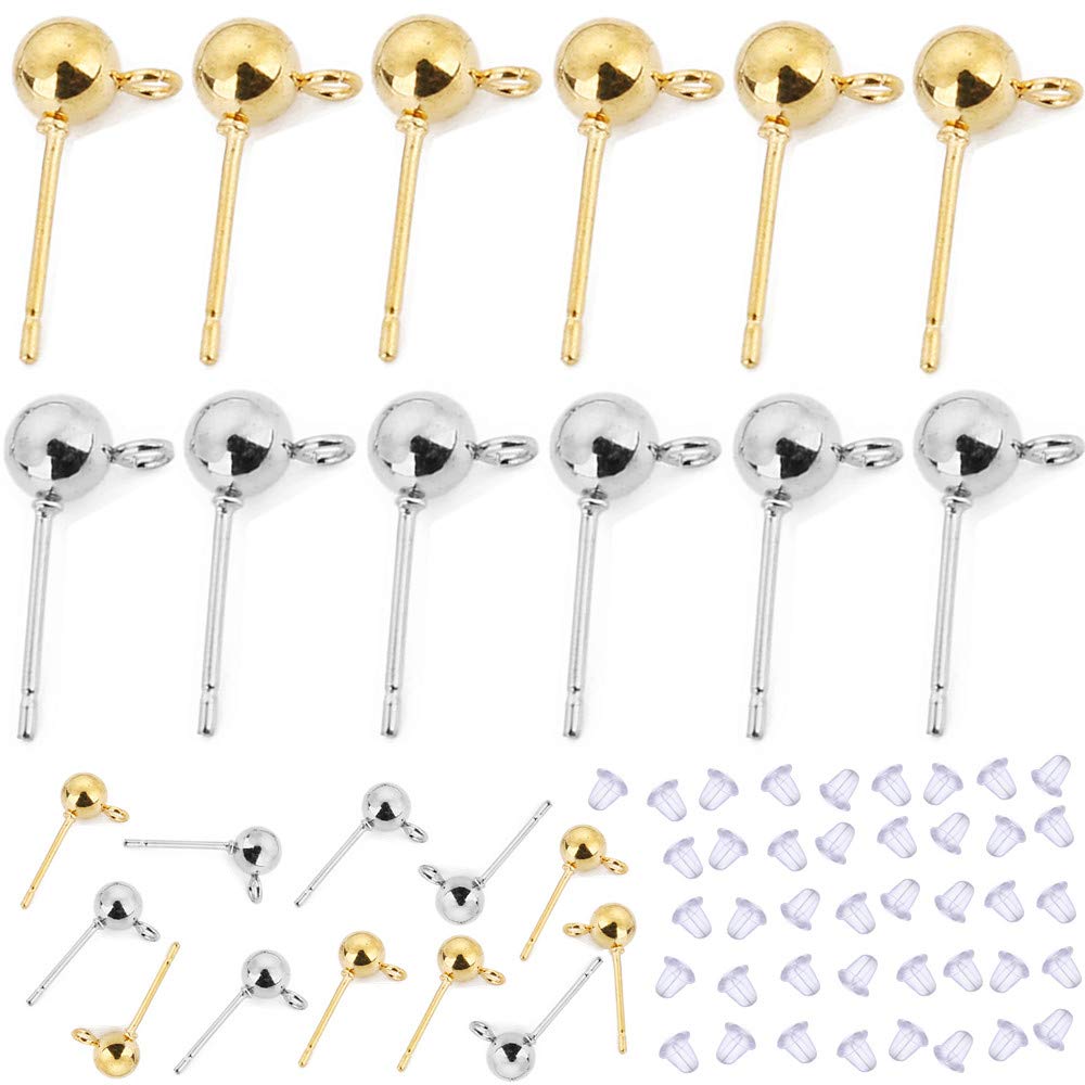 300 Pieces Round Ball Earrings Posts, Earrings Posts with Ring, Ball Post Earring Studs with 300 Pieces Earring Backs Replacements for Jewelry Earring Making Findings