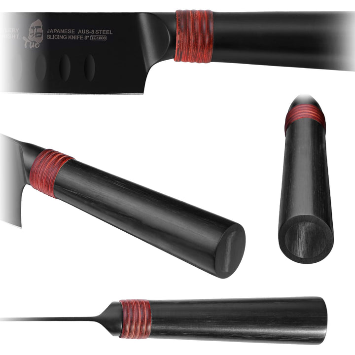 Slicing Knife 9 - Ultra Sharp Granton BBQ Carving Knives - HC Japanese AUS-8 Stainless Steel - Comfortable Pakkawood Handle with Sheath &amp; Luxurious Gift Box - Dark Knight Series