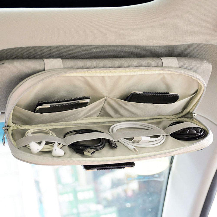 Car Sun Visor Organizer, Multi-Pocket Visor Organizer Storage Pouch for Cars, SUVs &amp; Trucks with Double Zippers, Elastic Bands &amp; Glasses Clip - Organizes Essentials Keep Tidy (Cream Grey)