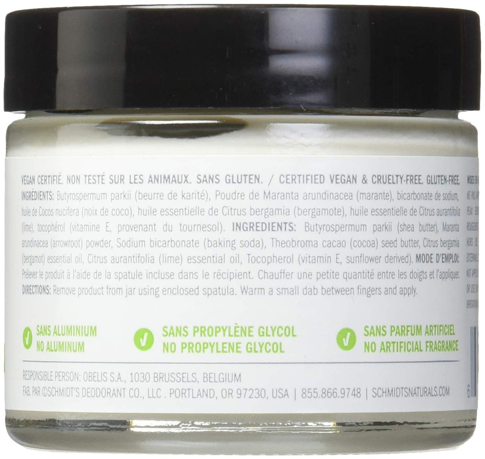 Schmidt's Natural Deodorant - Bergamot and Lime, 2 ounces. Jar for Women and Men