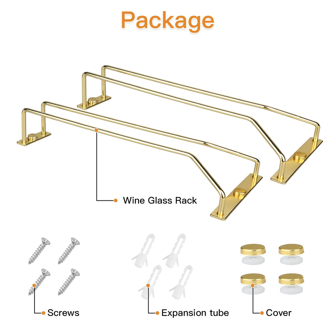 10.8 Inch Gold Wine Glass Rack, Under Cabinet Wine Glass Holder, Metal Stemware Rack Wine Glass Hanger for Kitchen Storage (2 Pack)