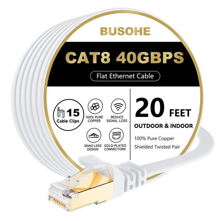 Cat 8 Ethernet Cable 20 FT, 40Gbps 2000Mhz High Speed Flat Cat8 Cable Patch Cord with Gold-Plated RJ45 Connector, LAN Network Internet Cable with 15 Clips for Router/Gaming/Computer, S/FTP