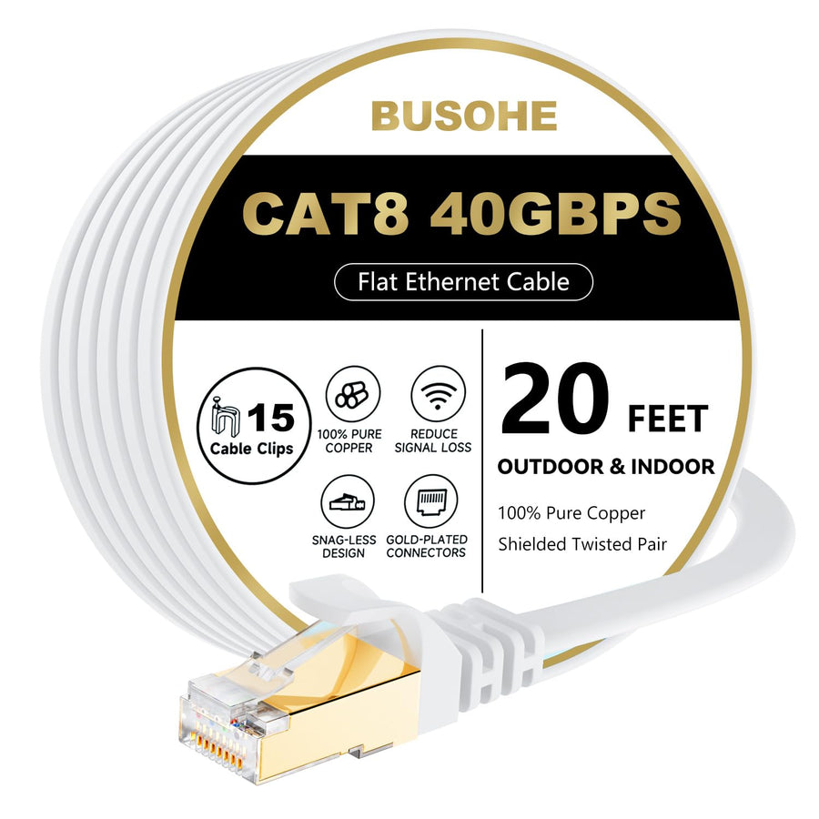 Cat 8 Ethernet Cable 20 FT, 40Gbps 2000Mhz High Speed Flat Cat8 Cable Patch Cord with Gold-Plated RJ45 Connector, LAN Network Internet Cable with 15 Clips for Router/Gaming/Computer, S/FTP
