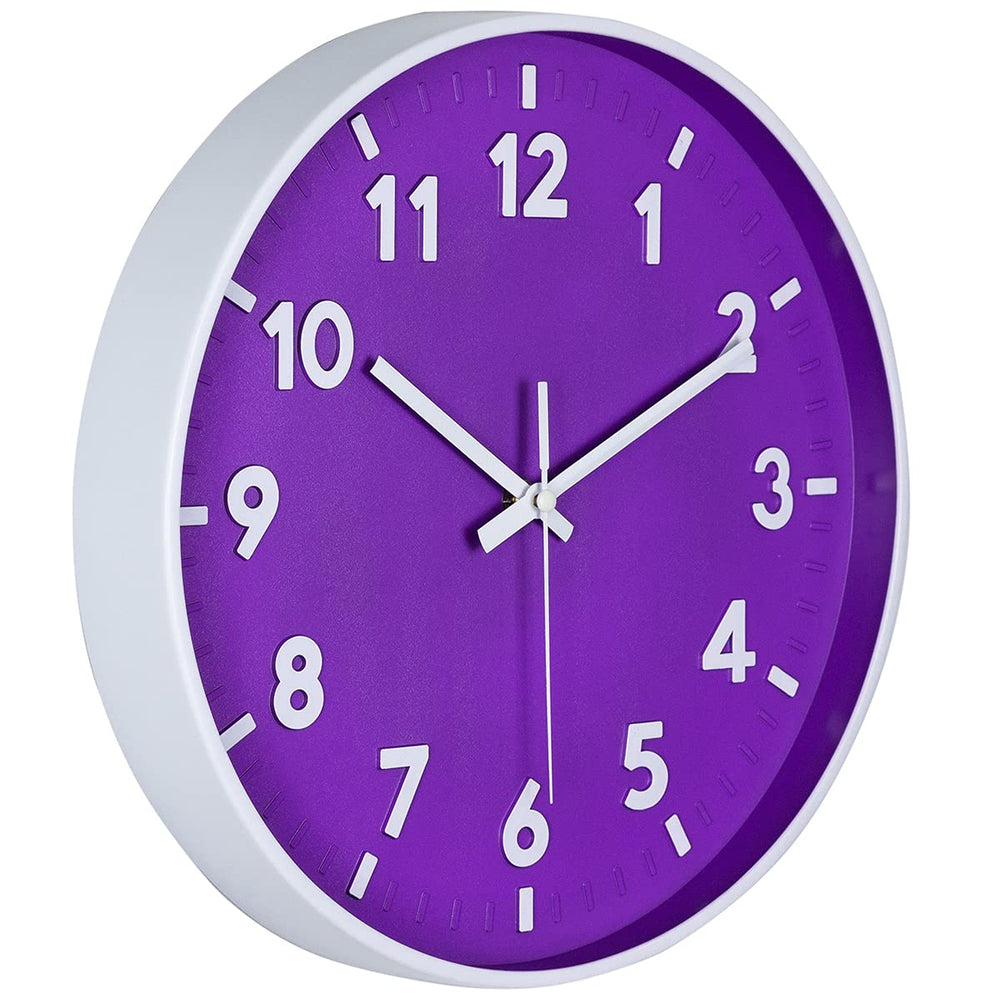 12 Inch 3D Number Modern Wall Clock,Round Bright Colorful Dial,Non Ticking Silent Quartz Battery Operated Wall Clocks,Easy to Read Simple Style Decor Clock for Bedroom,Kitchen(Purple)
