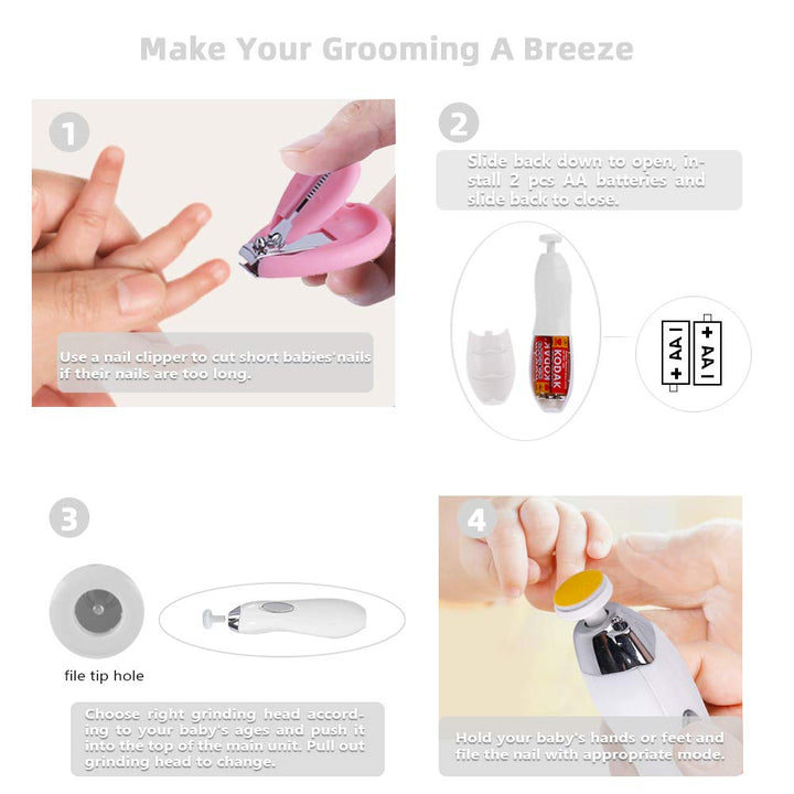 Baby Nail File Electric, 16 in 1 Safe Baby Nail Trimmer Manicure Kit Baby Fingernail Clippers with Light, Baby Nail Grinder Toes Care Trim Polish Grooming Set for Infant Toddler with Nail Clipper
