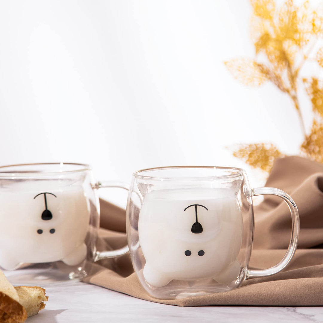 Cute Bear Mugs Set of 2 Cute Cups Bear Tea Coffee Cup with Handle 8.5oz Milk Cup Double Wall Insulated Glass Espresso Cups Glass Gift for Birthday Valentine&#39;s Day and Office (White Bear)
