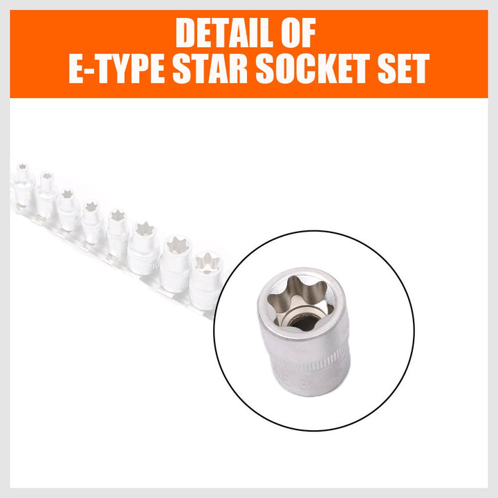 11 Pc Female E Torx Star Socket Set/Rail, Female External Star Socket Set E4 - E20 Torque Socket Set