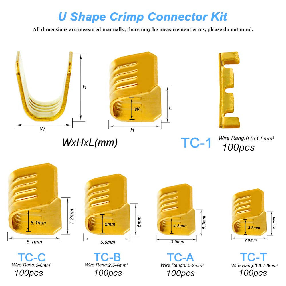 500 Pcs U Shape Copper Ring Terminals Crimp Kit - Non-Insulated Assortment Cable Wire Spade Electric Butt Connector Kit