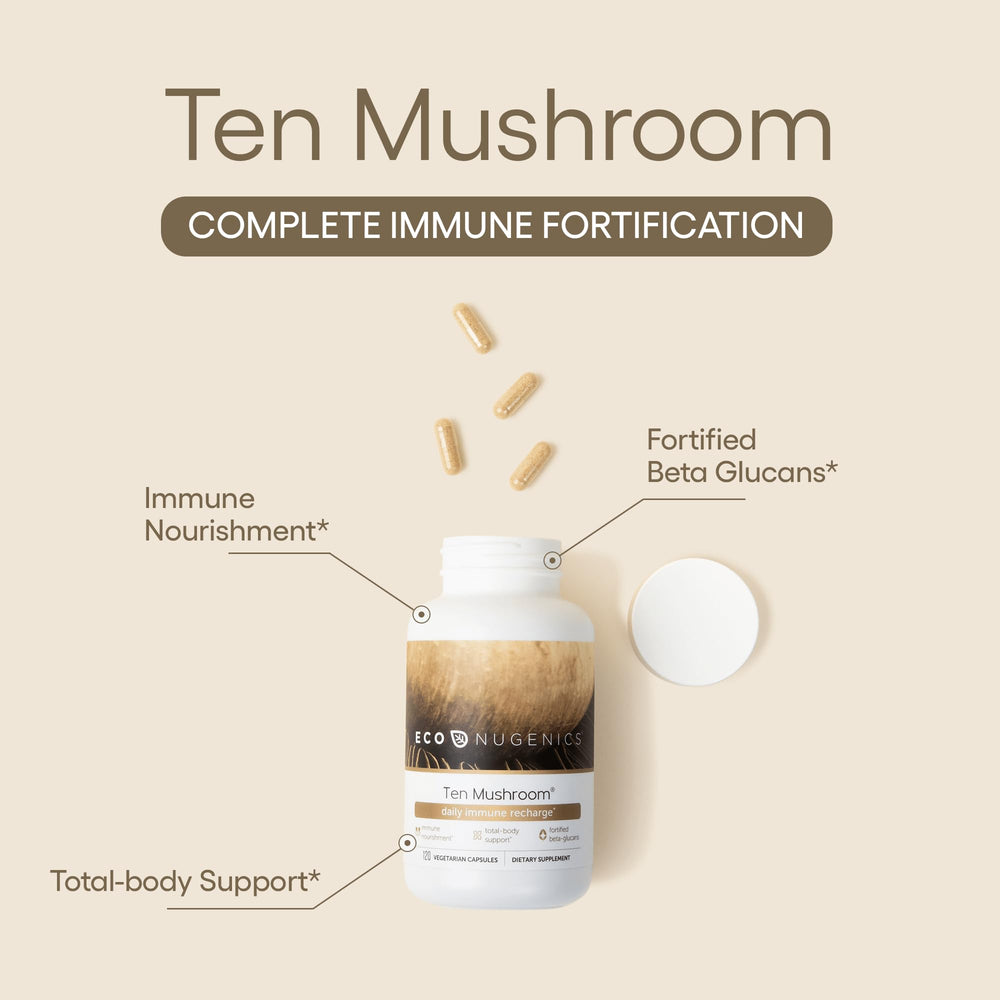 Ten Mushroom Supplement: Daily Immune Support, 120 Capsules – Lion’s Mane, Reishi, Cordyceps, Turkey Tail, Maitake, Shiitake – Energy, Gut Health, Liver, Kidney & Nootropic Brain Support