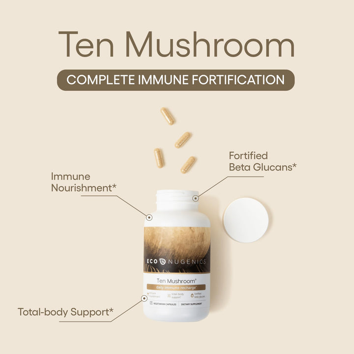 Ten Mushroom Supplement: Daily Immune Support, 120 Capsules – Lion’s Mane, Reishi, Cordyceps, Turkey Tail, Maitake, Shiitake – Energy, Gut Health, Liver, Kidney &amp; Nootropic Brain Support