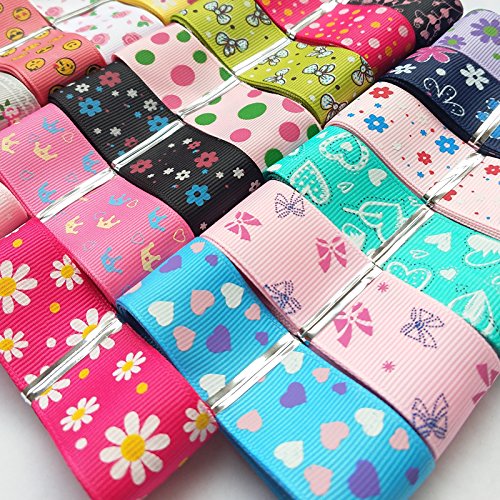 Assorted 20 Yards Grosgrain Ribbon Bow Daisy Butterfly Cake Love Heart Dots Flower Rose Smile Face Craft DIY Packing Hair Bow Accessory