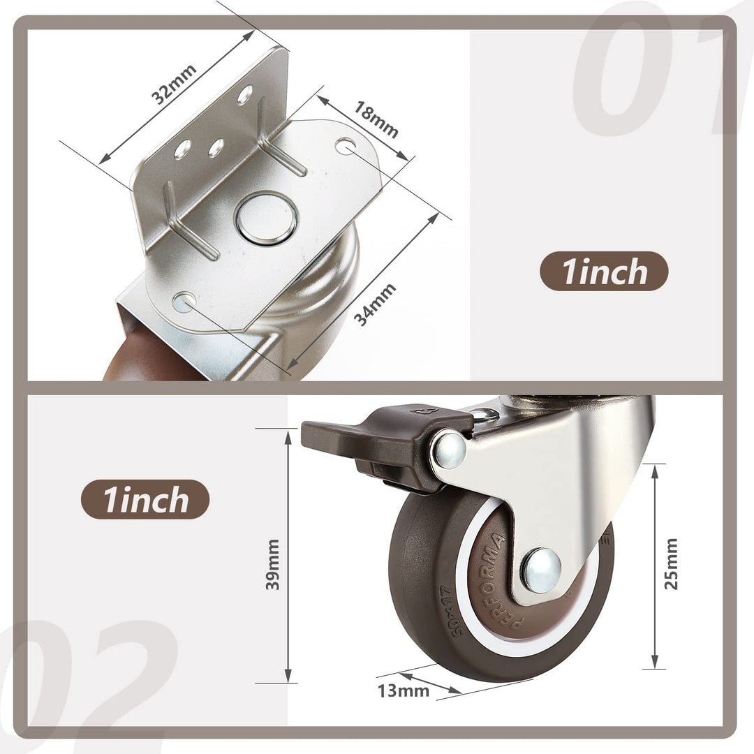 1 Inches Swivel Plate Casters with Brake, TPE Caster 4 Pcs, L- Shaped Caster Wheels for Baby Bed, Trolley, Kitchen Cabinet, Furniture, Table, Rotate 360 Degrees, Loading Capacity 115 Lbs