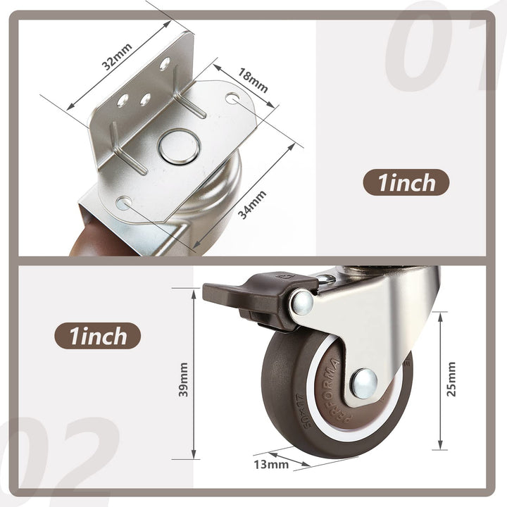 1 Inches Swivel Plate Casters with Brake, TPE Caster 4 Pcs, L- Shaped Caster Wheels for Baby Bed, Trolley, Kitchen Cabinet, Furniture, Table, Rotate 360 Degrees, Loading Capacity 115 Lbs